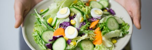 Freshly prepared salad with cucumber, lettuce, carrots, and egg slices presented on a plate.